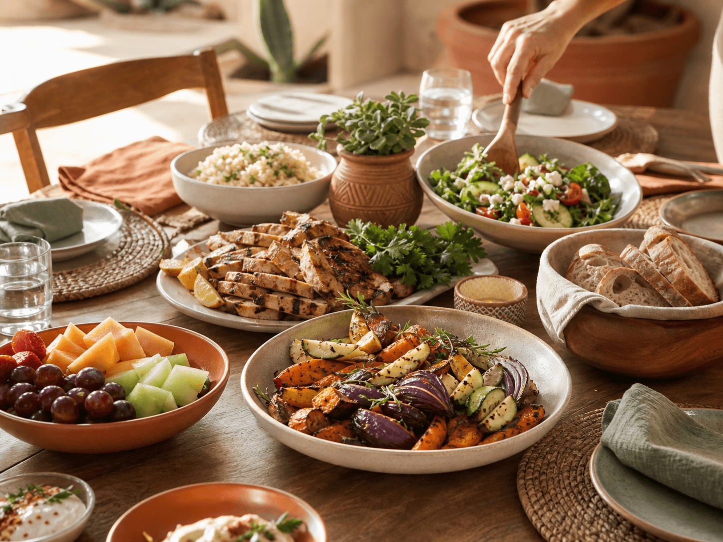 A complete family-style meal prepared and set on a warm dining table