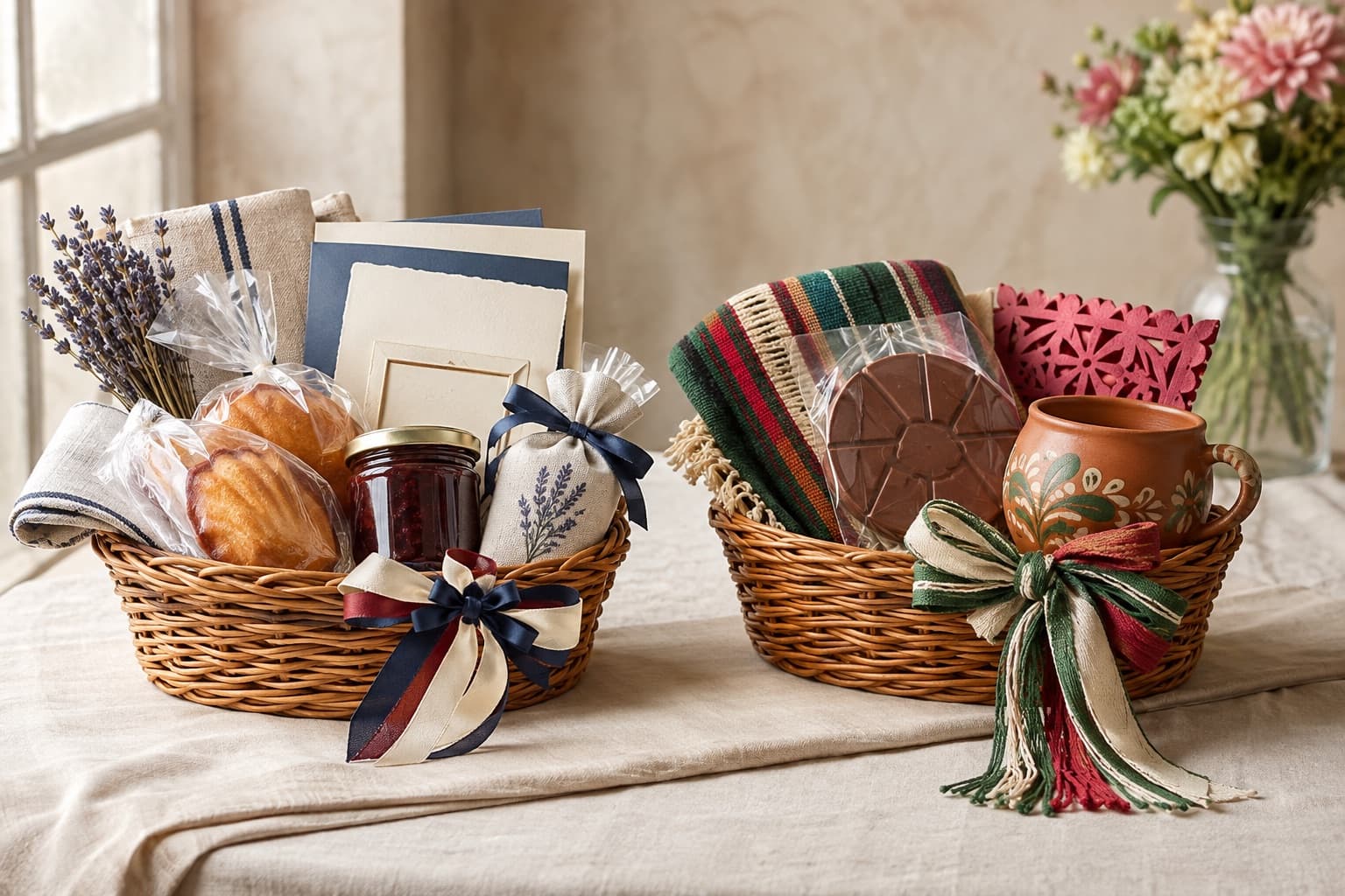 Separate French-inspired and Mexico-inspired cultural gift baskets with coordinated specialty items